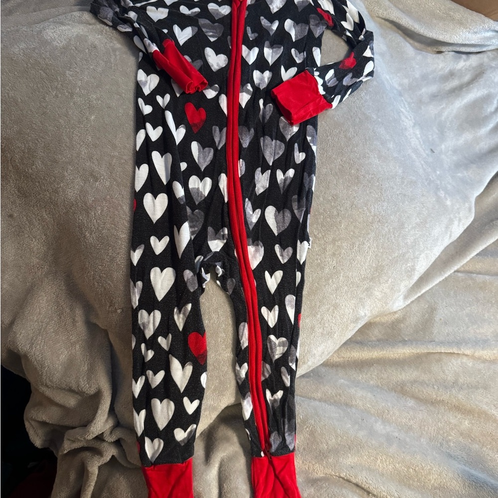 Little Sleepies Black and White Heart Footies with Red Zipper